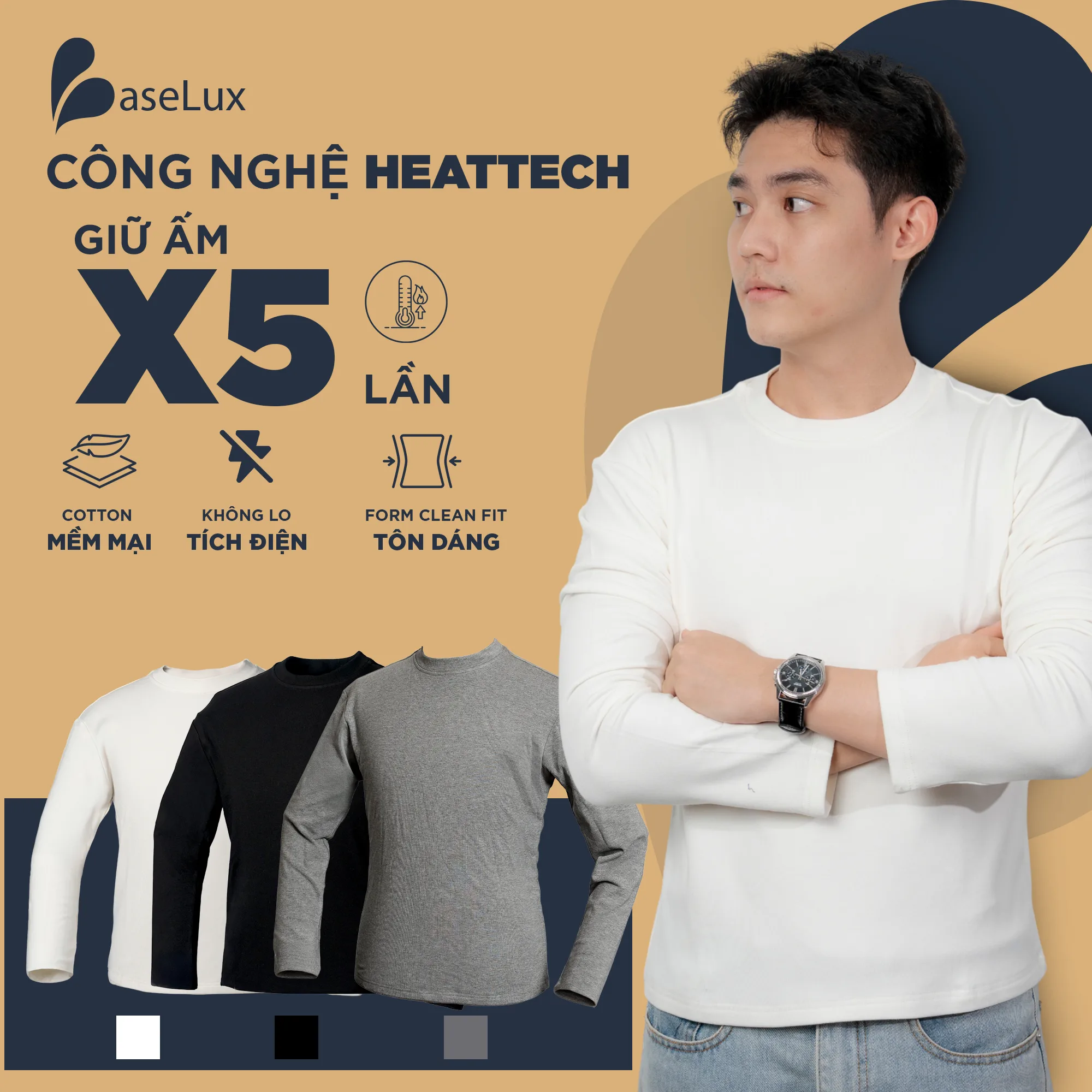 Áo thun nam trắng dài tay Baselux công nghệ heatetech giữ ấm x5 lần, Áo tay xám dài nam cao cấp chất cotton mềm mịn thoải mái