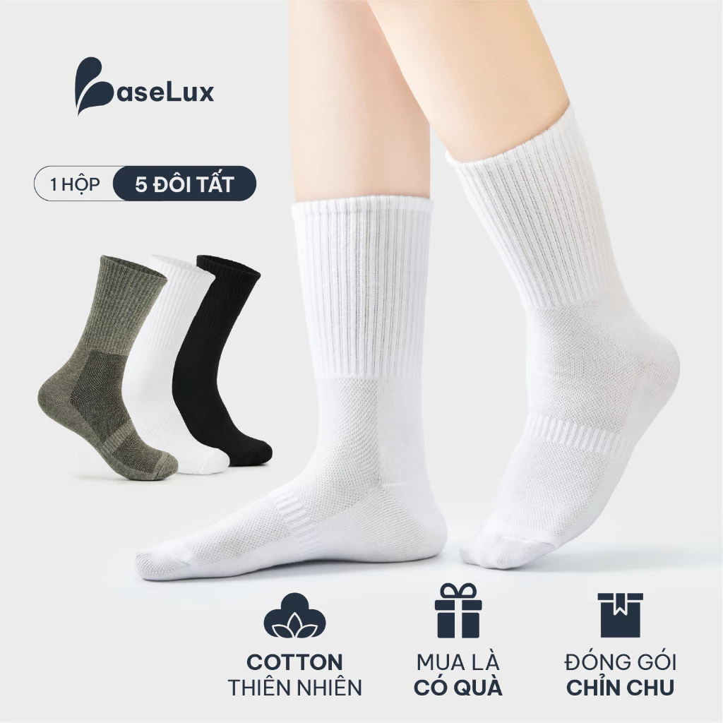 Tất cao cổ BaseLux Tất cotton thoáng mát Tất nam cổ ngắn kháng khuẩn khử mùi Tất lười nam mềm mại Tất nam cổ trung basic