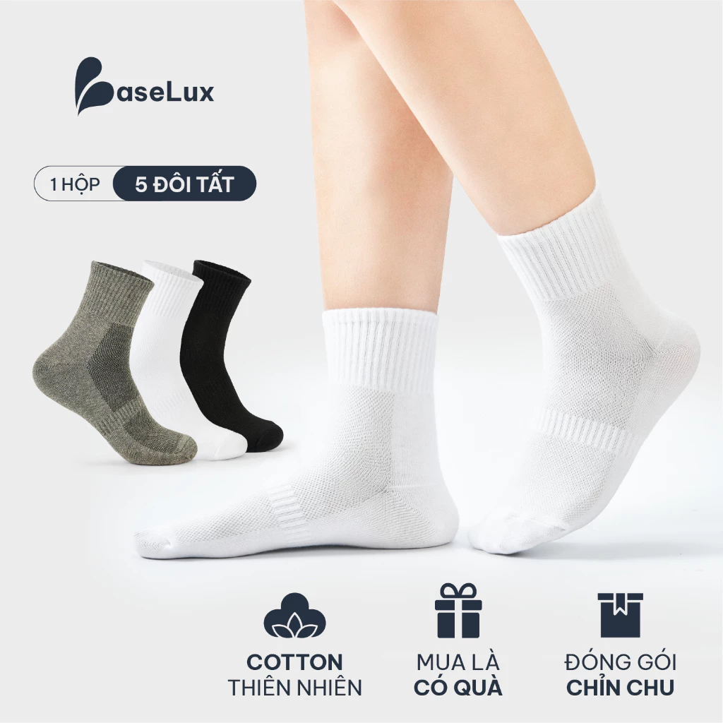 Tất nam cổ trung BaseLux tất cotton co giãn, vớ nữ mềm mại thoáng mát, tất đá bóng kháng khuẩn chống hôi chân