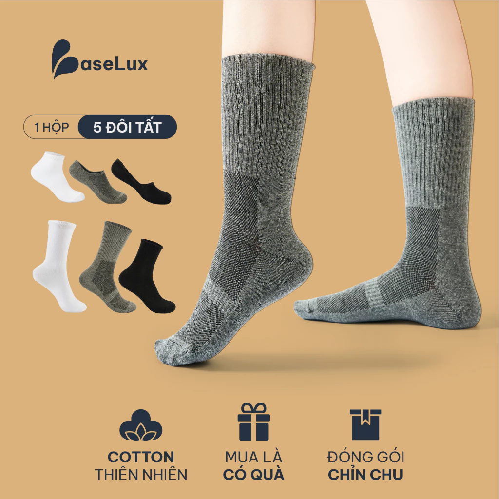 Tất cotton thiên nhiên BaseLux tất cổ cao thoáng khí chống hôi chân, tất nữ mềm mại co giãn, tất nam công sở kháng khuẩn